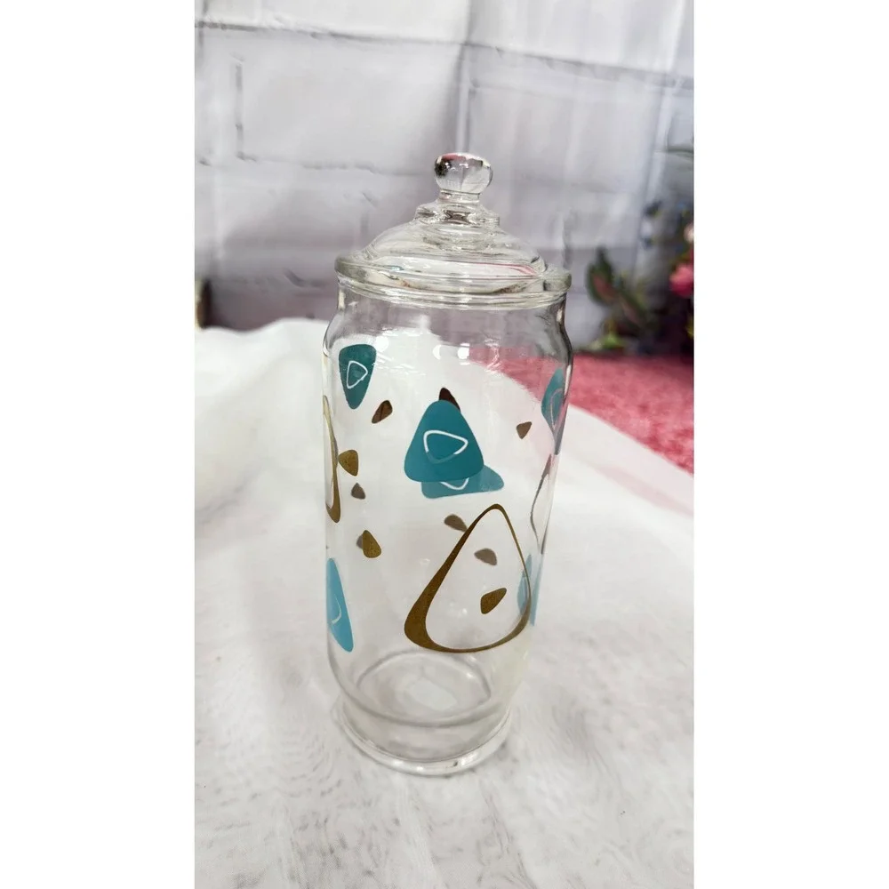 Vintage MCM Atomic Boomerang Glass Canister Jar with Lid Turquoise Gold 9.5in